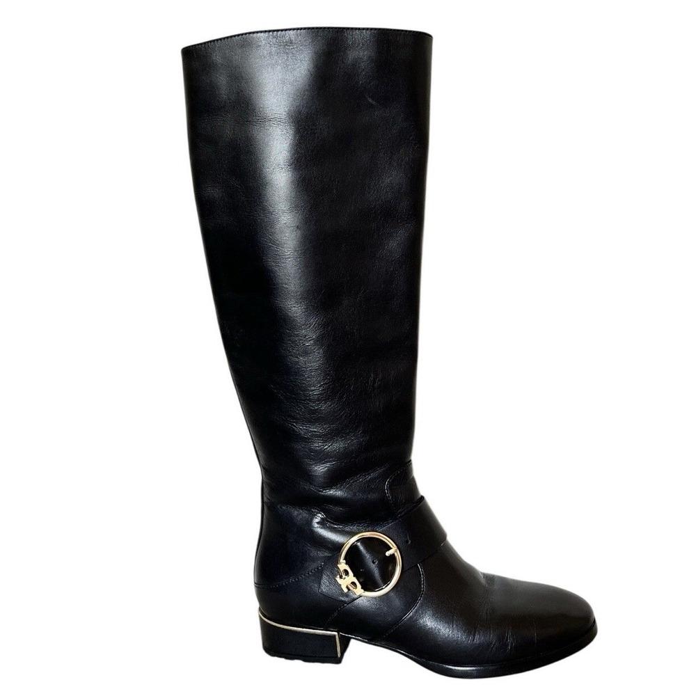 Tory Burch Sofia Tall Riding Boots Black Leather Gold Buckle Accent Size 6.5 EUC